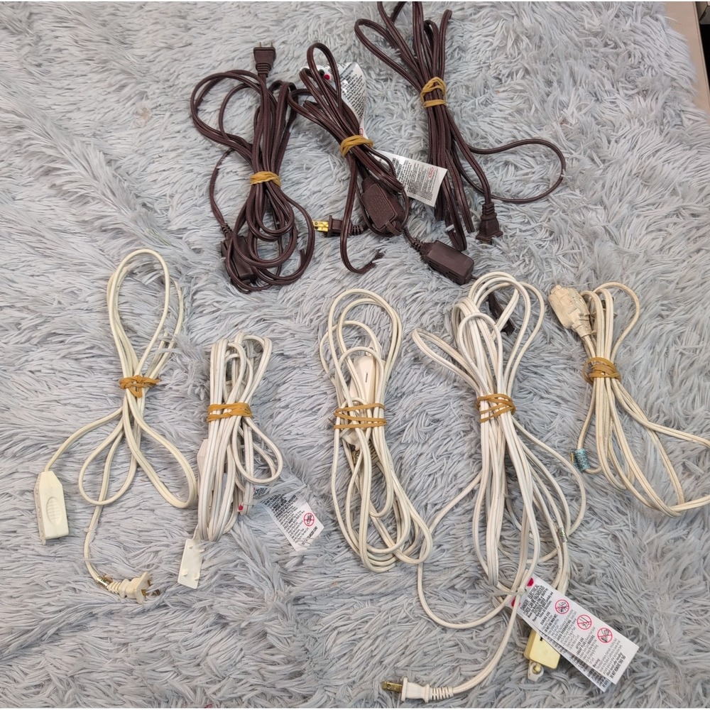 Lot of‎ 8 Extension Cord White Brown of Varying Lengths & Sizes 2 Prong